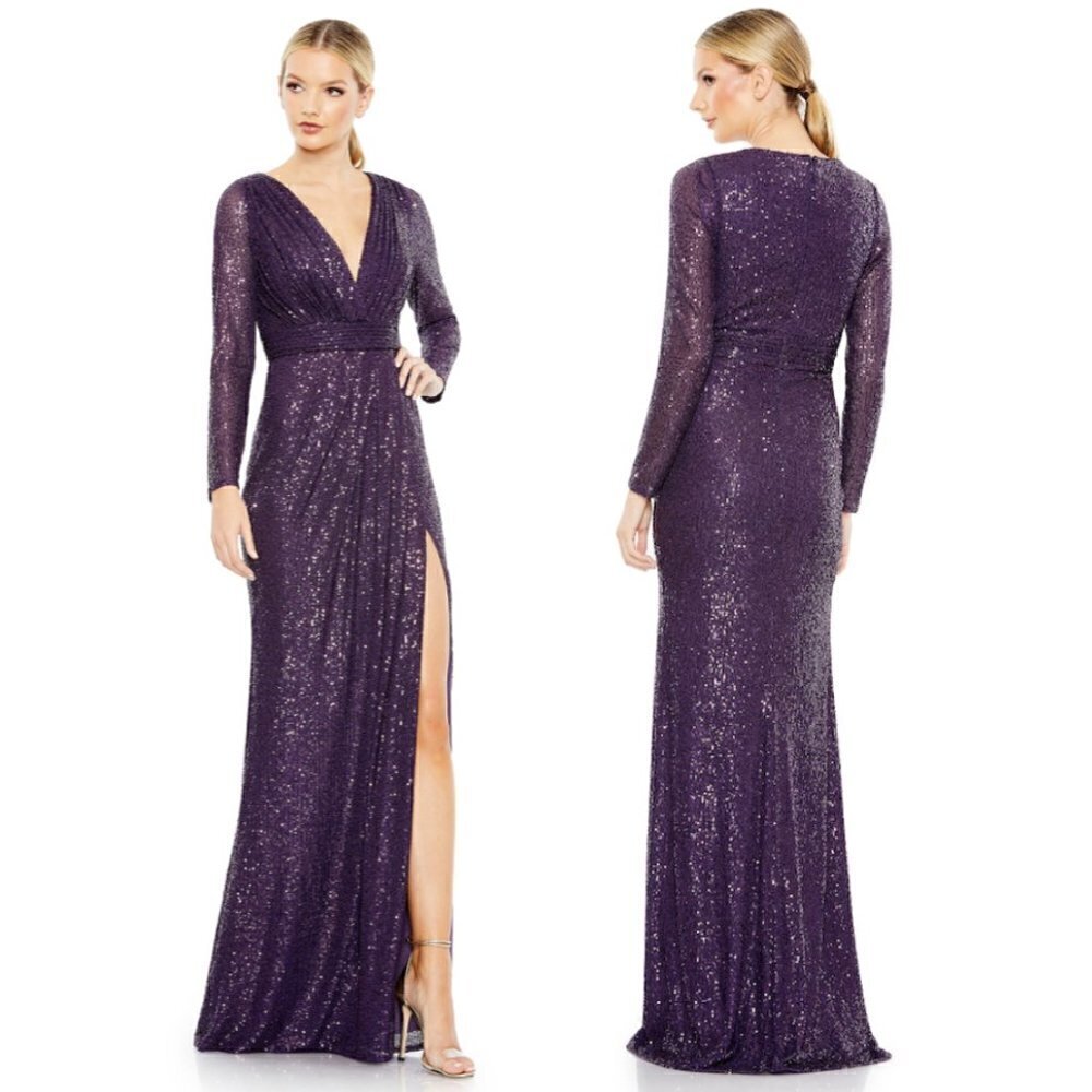 MAC DUGGAL Sequin Long Sleeve Faux Wrap Gown in Purple Size US 2